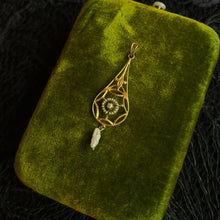 Load image into Gallery viewer, c. 1910s 10k Gold Diamond Pearl Lavalier Pendant