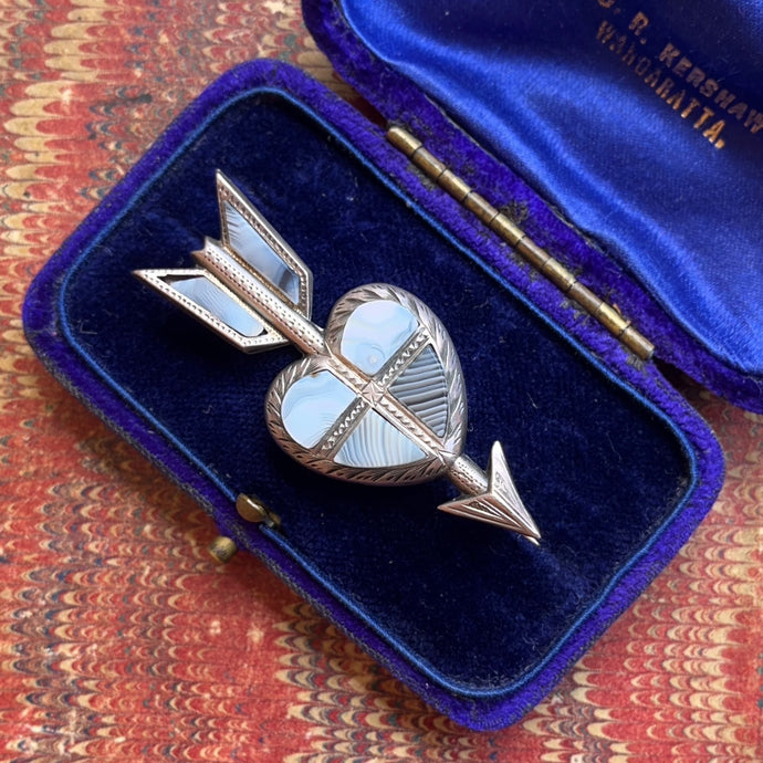 19th c. Scottish Agate Sterling Silver Heart Arrow Brooch