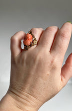 Load image into Gallery viewer, c. 1910s Coral Cameo 12k Gold Diamond Ring