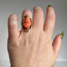 Load image into Gallery viewer, c. 1910s Coral Cameo 12k Gold Diamond Ring