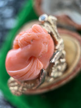 Load image into Gallery viewer, c. 1910s Coral Cameo 12k Gold Diamond Ring