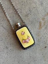 Load image into Gallery viewer, Art Deco Silver Guilloche Enamel Yellow Perfume Bottle Necklace