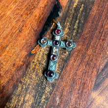 Load image into Gallery viewer, 19th c. Sterling Silver Scottish Granite + Gemstone Cross Pendant