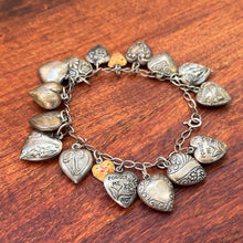 Load image into Gallery viewer, Sterling Silver Charm Bracelet with Edwardian + Victorian Puffy Hearts