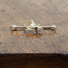 Load image into Gallery viewer, 1900s 14k Sapphire + Pearl Fly Pin