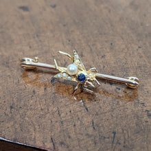 Load image into Gallery viewer, 1900s 14k Sapphire + Pearl Fly Pin