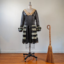 Load image into Gallery viewer, 1920s Black + Green Striped Silk Dress