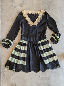 1920s Black + Green Striped Silk Dress