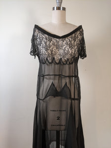 1920s Black Silk Chiffon + Lace Dress