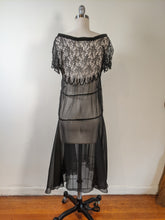 Load image into Gallery viewer, 1920s Black Silk Chiffon + Lace Dress
