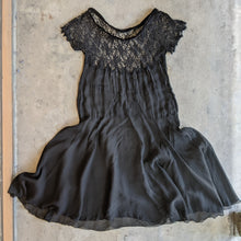 Load image into Gallery viewer, 1920s Black Silk Chiffon + Lace Dress