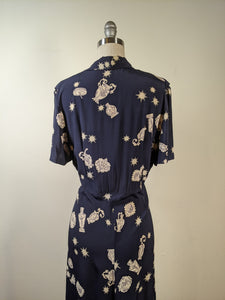 1940s Novelty Print Rayon Dress