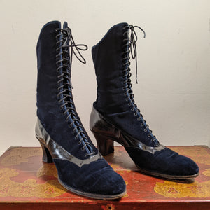 1910s-1920s Blue Velveteen Boots | Approx Sz 7.5-8