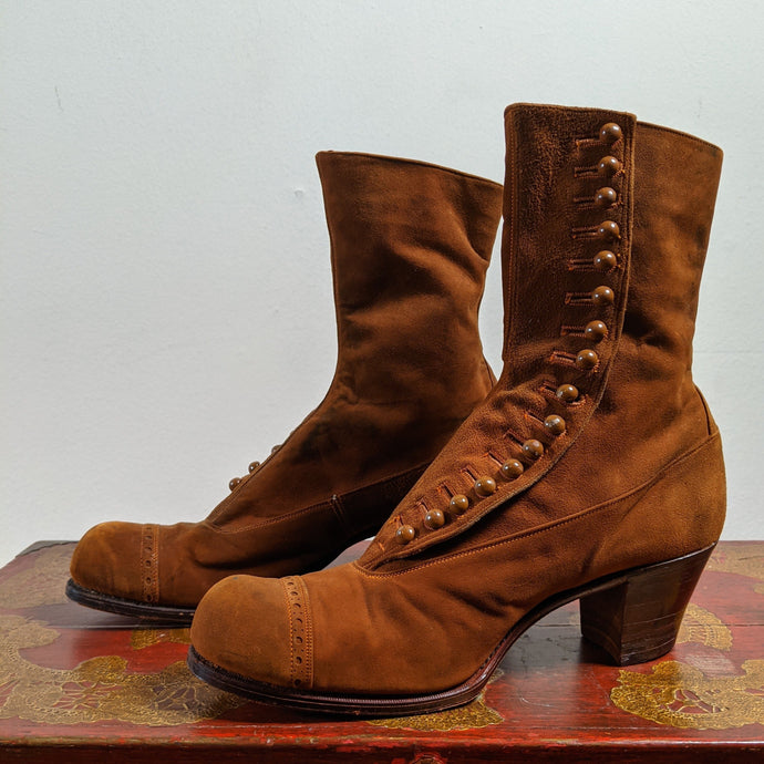 Early 1910s Brown Suede Side Button Boots | Approx Sz 5