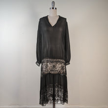 Load image into Gallery viewer, 1920s Sheer Black Chiffon + Lace Dress
