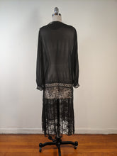 Load image into Gallery viewer, 1920s Sheer Black Chiffon + Lace Dress