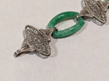 Load image into Gallery viewer, Art Deco Green Glass Rhodium Plated Bracelet