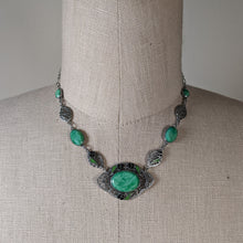 Load image into Gallery viewer, Art Deco Green Glass Rhodium Plated Necklace