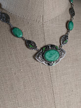 Load image into Gallery viewer, Art Deco Green Glass Rhodium Plated Necklace