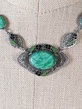 Load image into Gallery viewer, Art Deco Green Glass Rhodium Plated Necklace