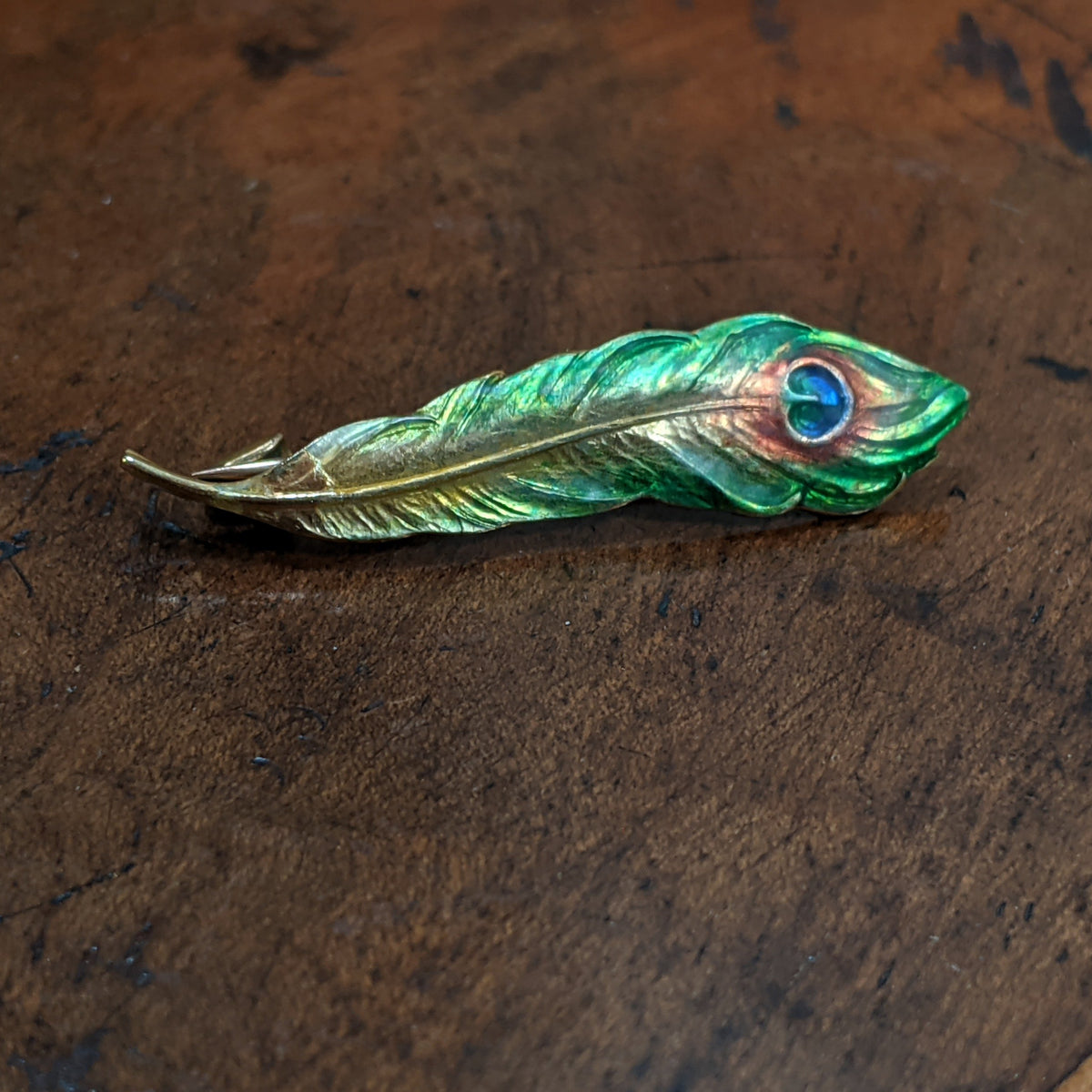 Art Nouveau 14k Gold Enamel Peacock Feather Brooch Witchy Vintage