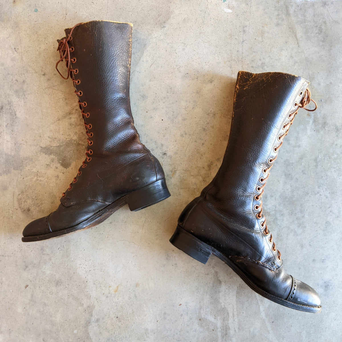 70s Black Leather Lace Up Knee High Boots