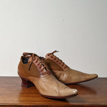 Load image into Gallery viewer, c. 1890s Tan Leather + Silk Oxfords
