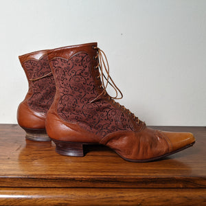 c. 1890s Tan Leather + Silk Boots