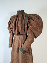Load image into Gallery viewer, c. 1890s Gorgeous Green + Brown Woven Cotton + Wool Dress