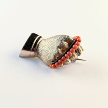 Load image into Gallery viewer, 19th c. Gold Filled + Coral Bead Fist Brooch