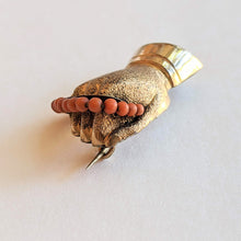 Load image into Gallery viewer, 19th c. Gold Filled + Coral Bead Fist Brooch