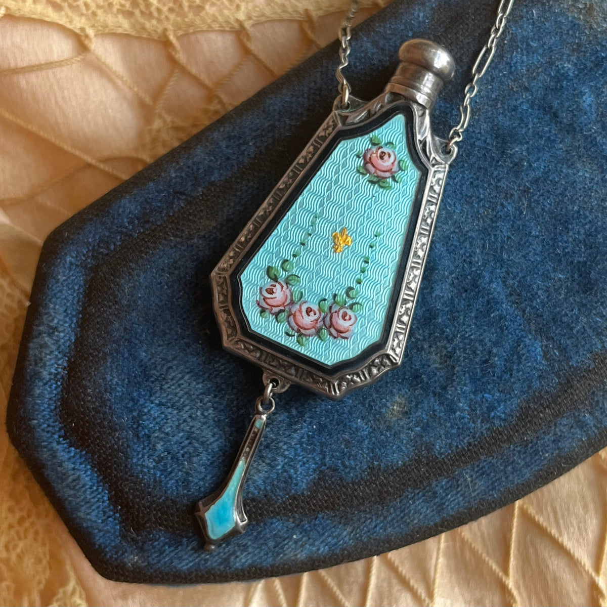 Art Deco Sterling Silver Guilloche Enamel Perfume Bottle Necklace 