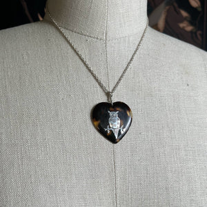 19th c. Tortoise Shell Heart Owl Necklace