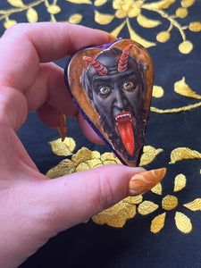 Victorian Mauchline Ware Heart Pincushion with Krampus
