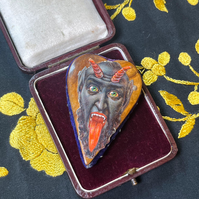 Victorian Mauchline Ware Heart Pincushion with Krampus