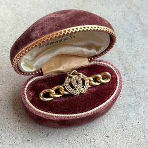Late 19th c. 14k Gold Lover's Knot Double Heart Brooch