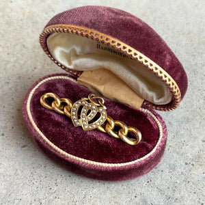 Late 19th c. 14k Gold Lover's Knot Double Heart Brooch