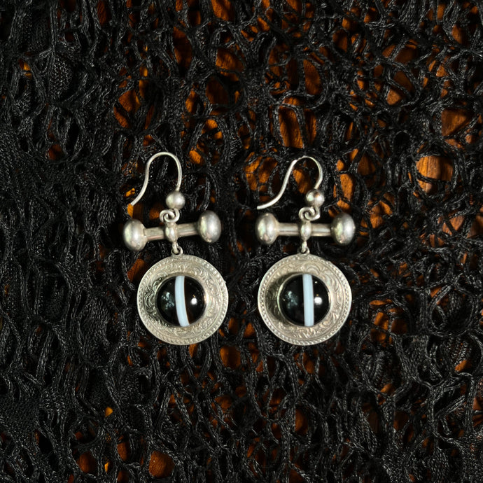 19th Century Sterling Silver Banded Agate Earrings