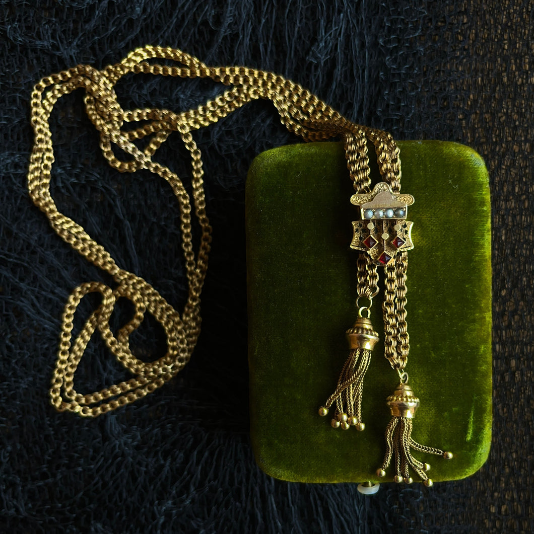 c. 1880s 14k Gold Tassel Slide Chain Necklace
