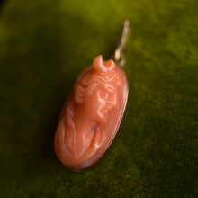 Load image into Gallery viewer, c. 1910s 14k Gold Carved Coral Goddess Diana Cameo Pendant