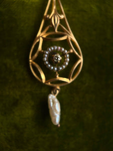 c. 1910s 10k Gold Diamond Pearl Lavalier Pendant