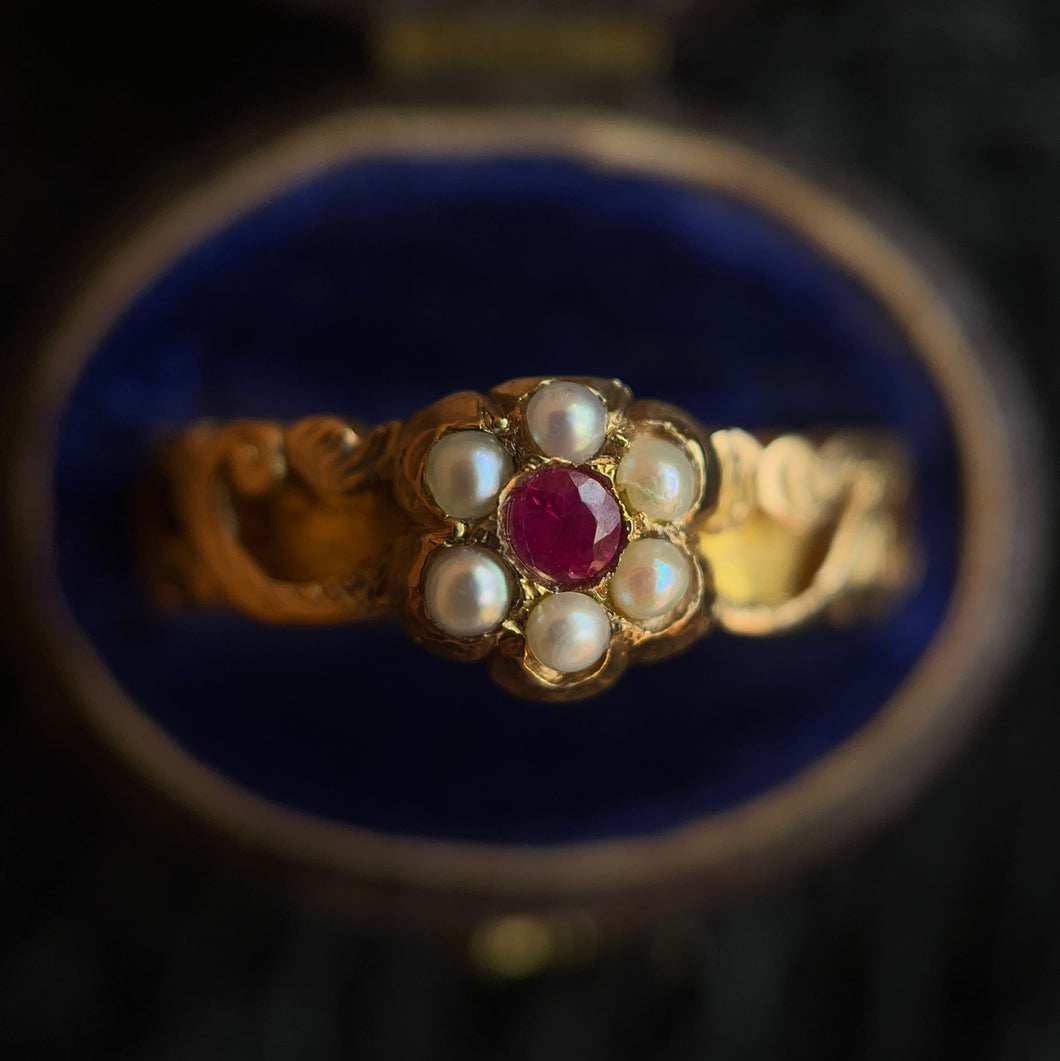 1862 15k Gold Ruby Pearl Ring | Space for Hairwork