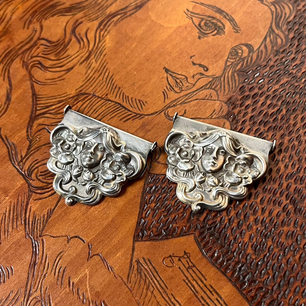 c. 1900s Art Nouveau Sterling Silver Suspende Clips