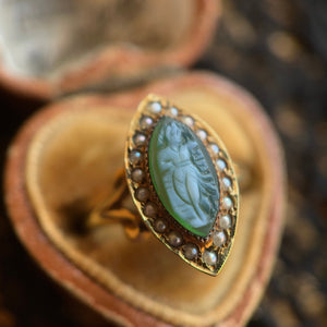 c. 1910s-1920s 14k Gold Green Agate Cameo Ring