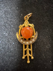 c. 1910s 10k Gold Coral Crescent Moon Pendant