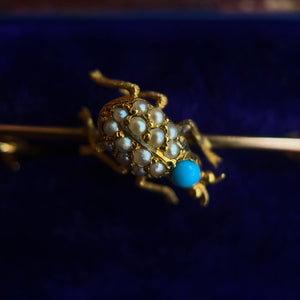 c. 1890s-1900s 14k Gold Turquoise Pearl Beetle Pin