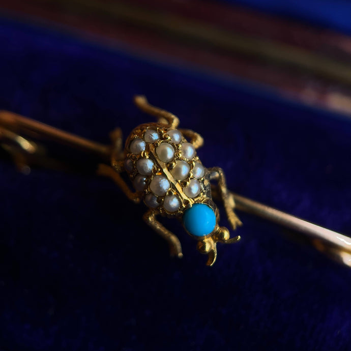 c. 1890s-1900s 14k Gold Turquoise Pearl Beetle Pin
