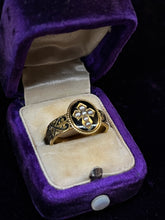 Load image into Gallery viewer, Victorian 15k Gold Mourning Ring with Hairwork, Black Enamel &amp; Pearls, Size 5.5
