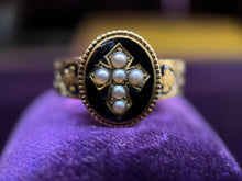 Load image into Gallery viewer, Victorian 15k Gold Mourning Ring with Hairwork, Black Enamel &amp; Pearls, Size 5.5