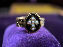 Load image into Gallery viewer, Victorian 15k Gold Mourning Ring with Hairwork, Black Enamel &amp; Pearls, Size 5.5
